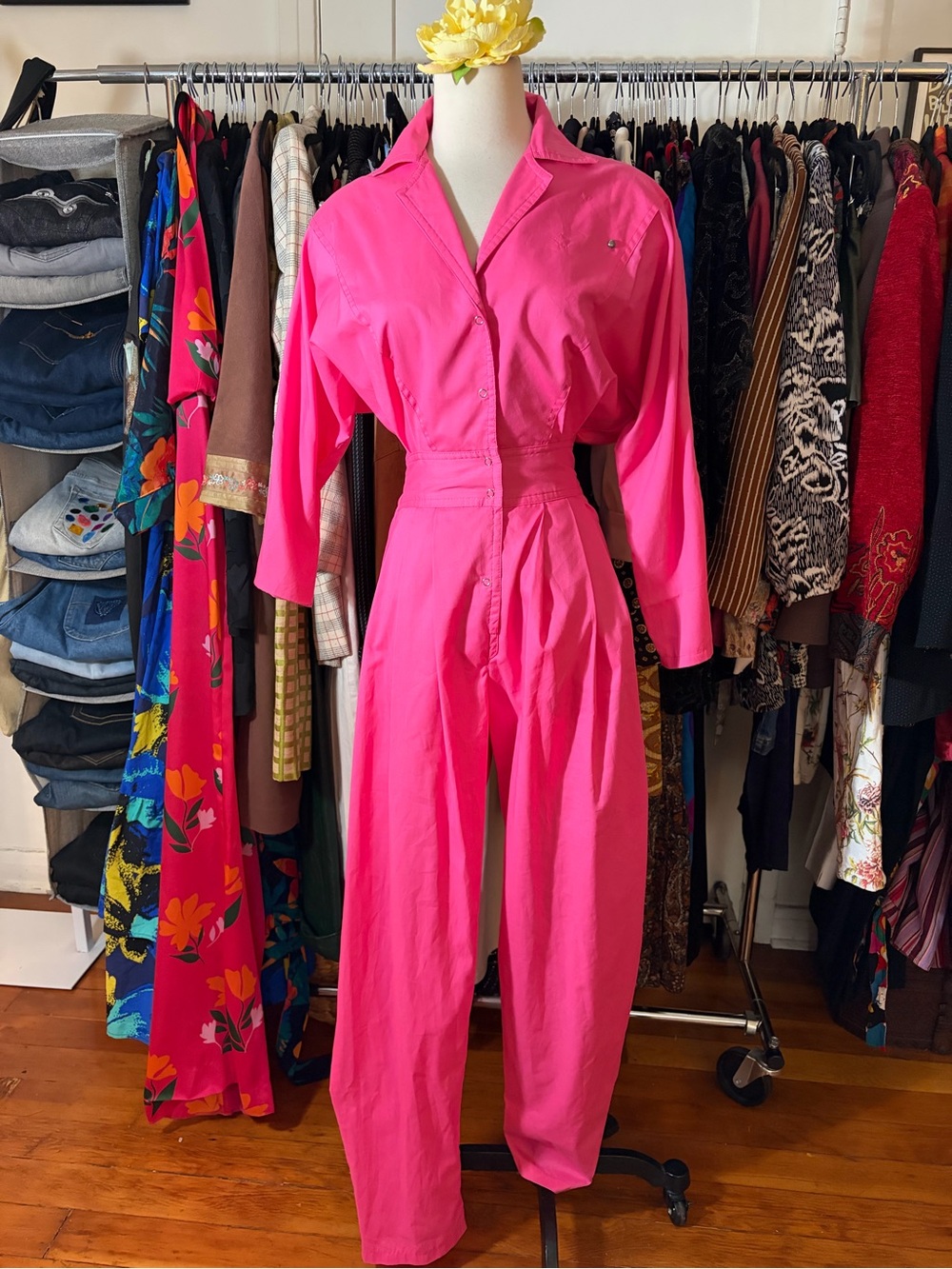 VTG 80s Hot Pink Long Sleeve Jumpsuit Pleated Flight Suit~ Jumpsuit